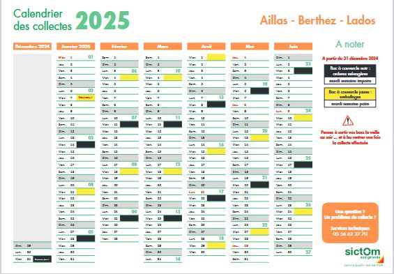 SICTOM - Le calendrier de collecte 2025 pour notre commune est également disponible sur le site internet : https://sictomsudgironde.fr/jour-de-collecte/